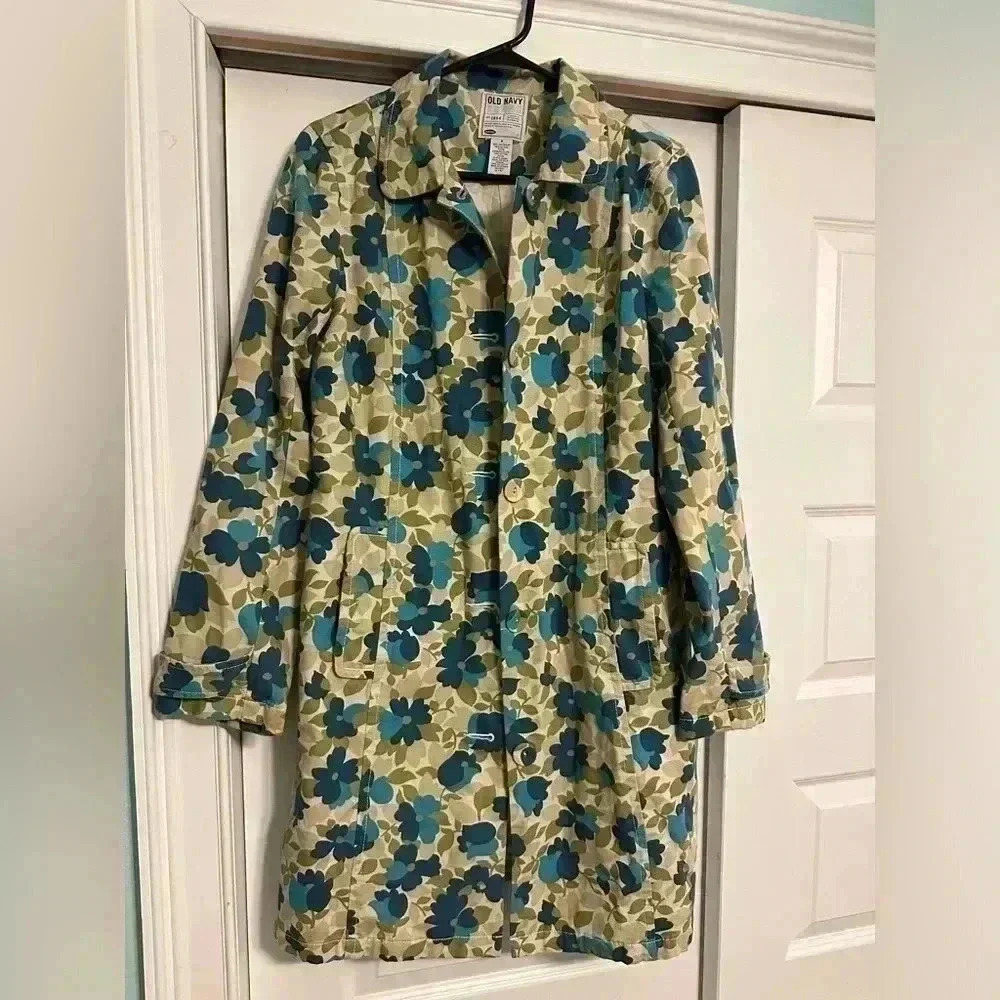 Vintage OLD NAVY Women’s M Floral Denim Beige Blue Green PEACOAT Long Jacket